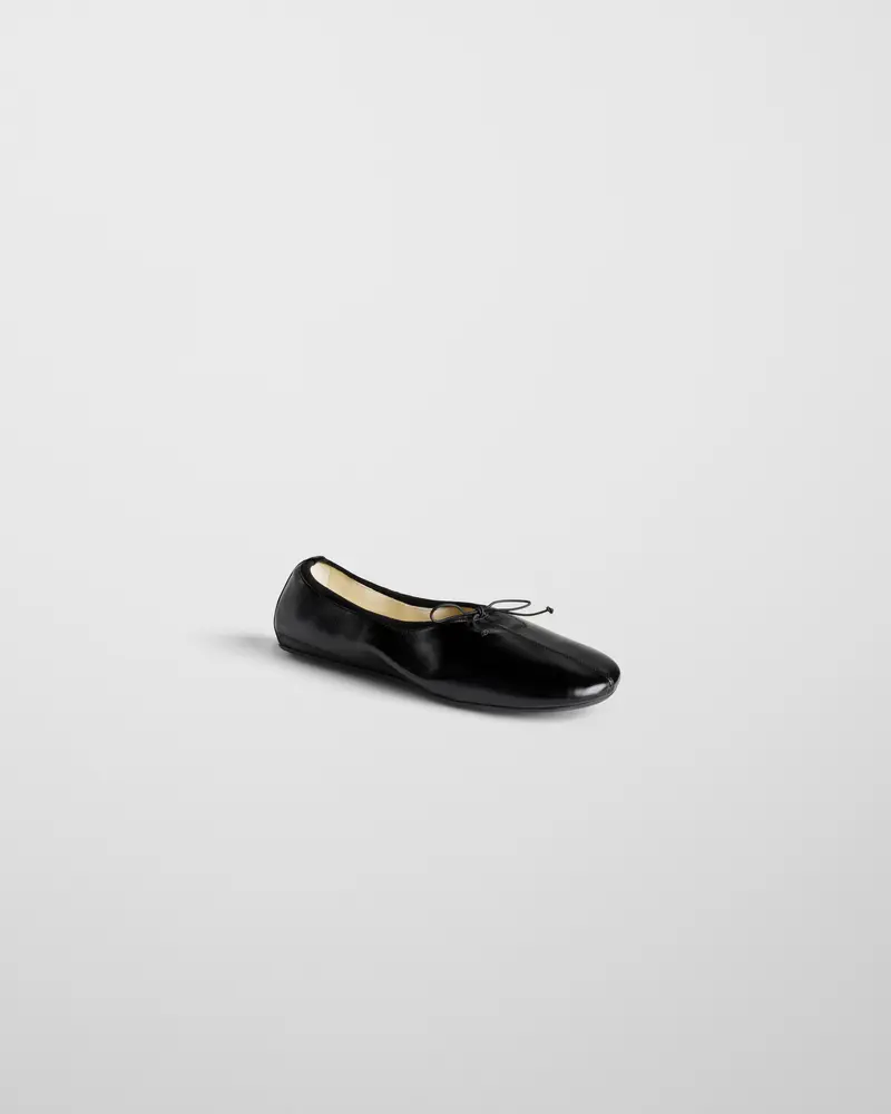 Black Leather Gathered Flat Pump With Grosgrain Accents