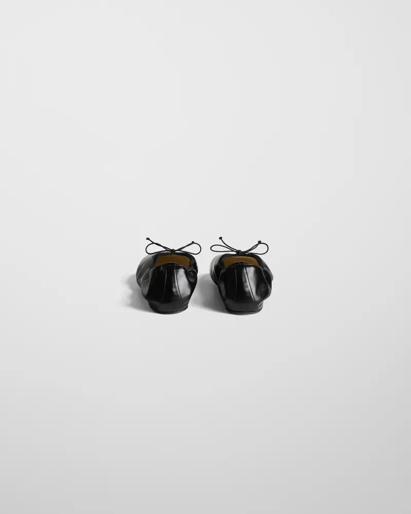 Black Leather Gathered Flat Pump With Grosgrain Accents