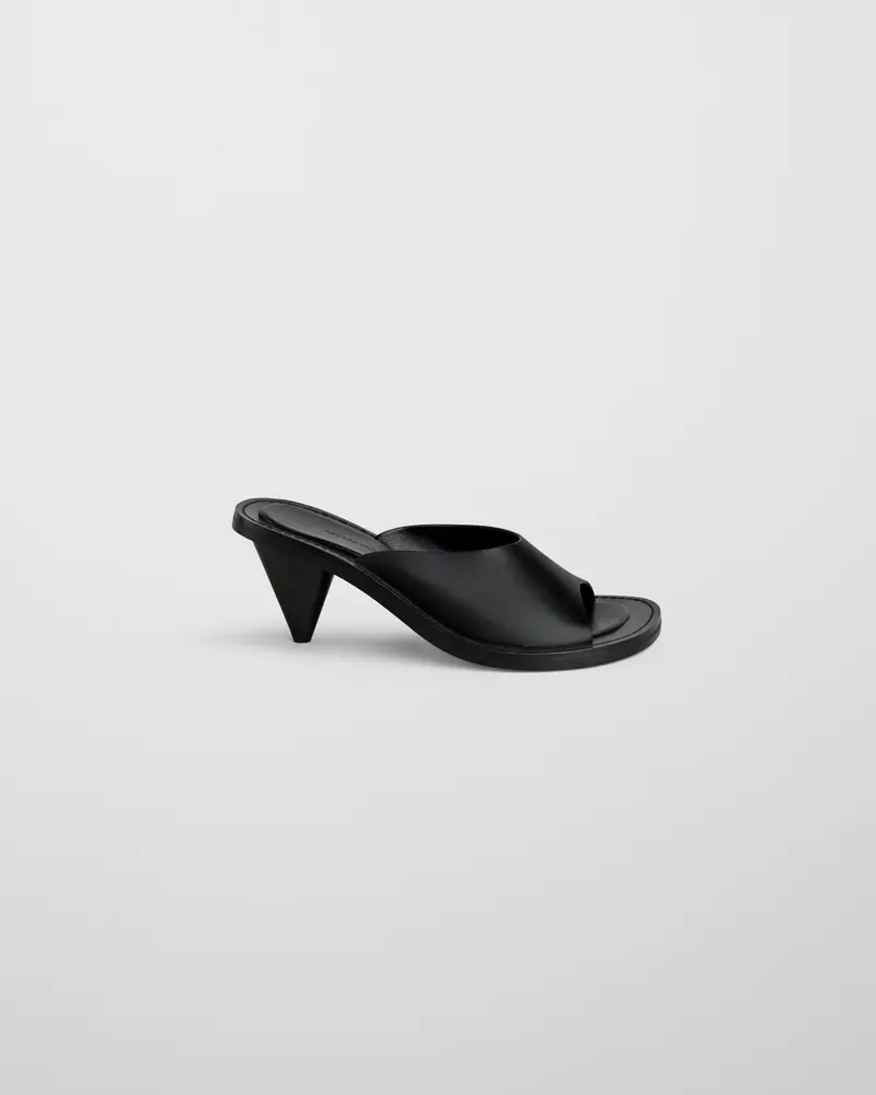Black Leather Mule Sandal With Conical Heel