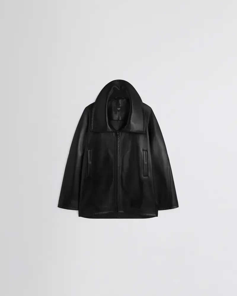 Black Leather Swathe Jacket | Exaggerated Funnel Neck Design