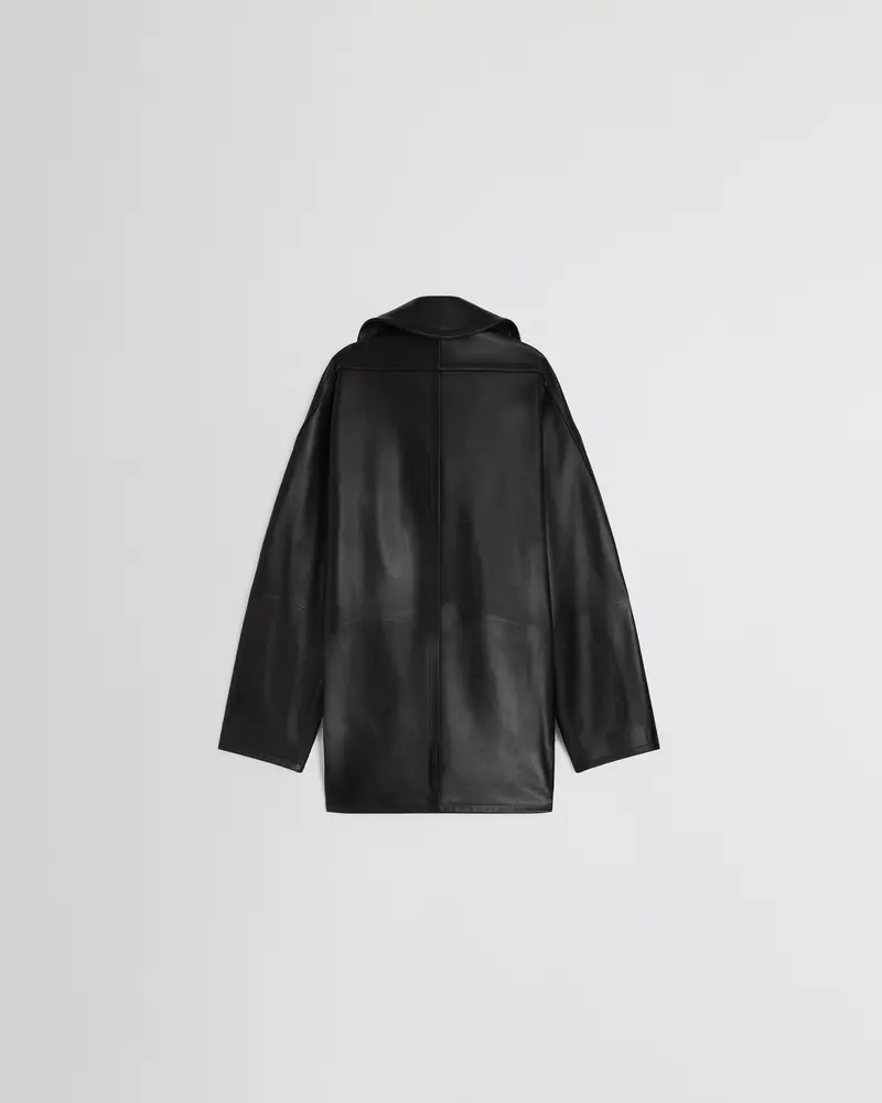 Black Leather Swathe Jacket | Exaggerated Funnel Neck Design 2