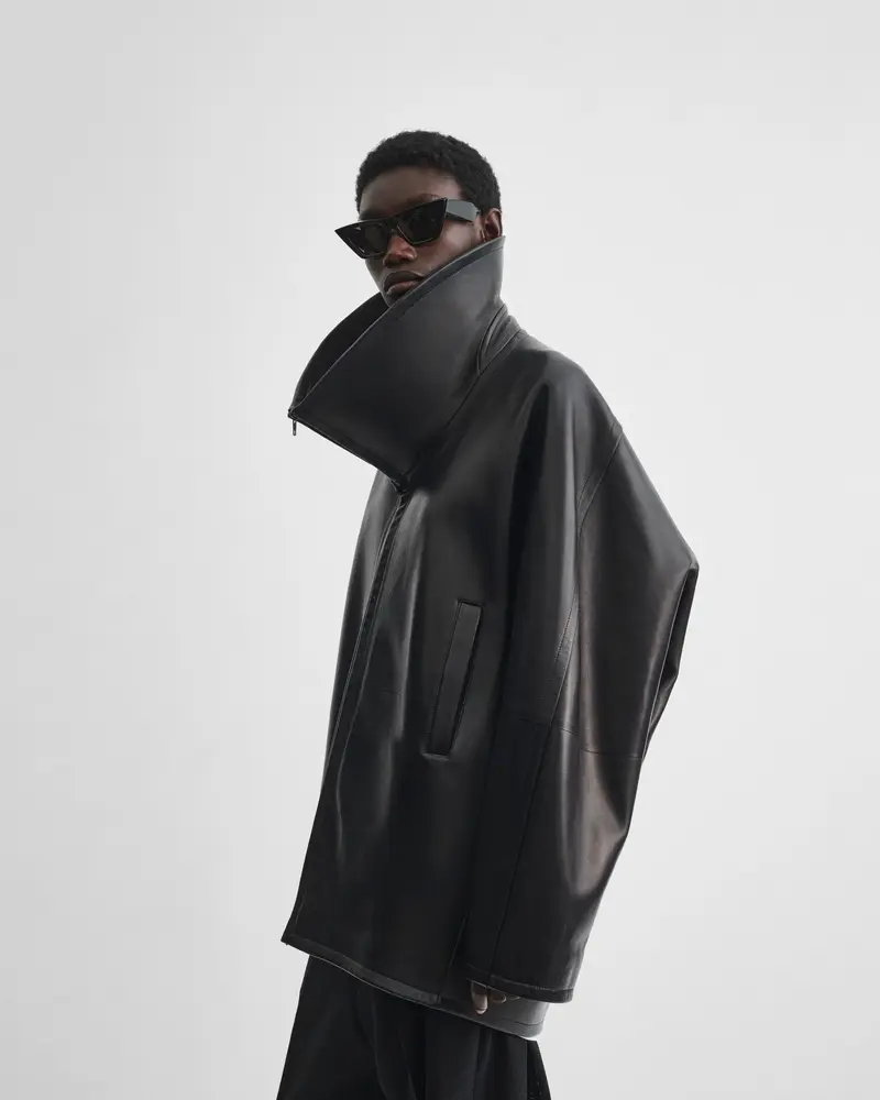 Black Leather Swathe Jacket | Exaggerated Funnel Neck Design