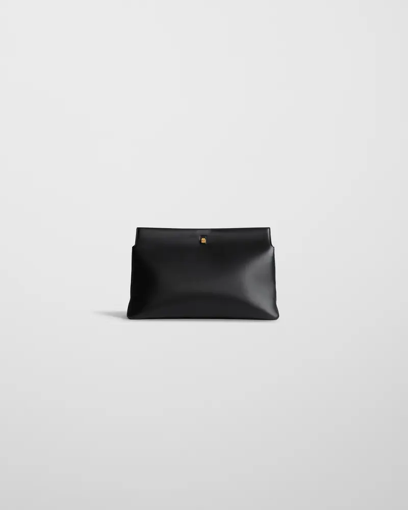 Black Nappa Trifold Clutch With Gold-Tone Twist Lock
