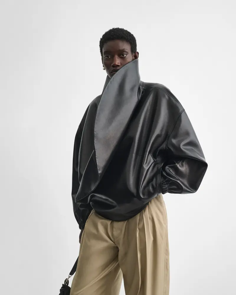 Black Oiled Leather Moon Bomber Jacket