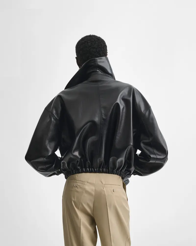 Black Oiled Leather Moon Bomber Jacket