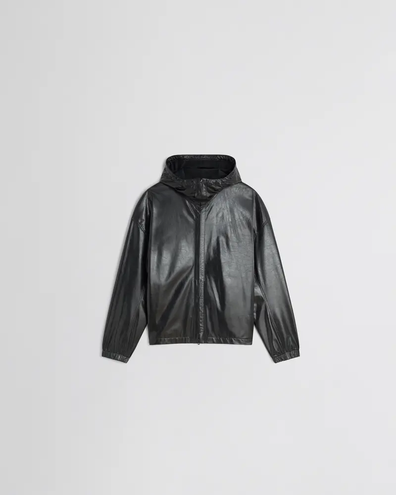 Black Parachute Leather Anorak With Drawcord Hood