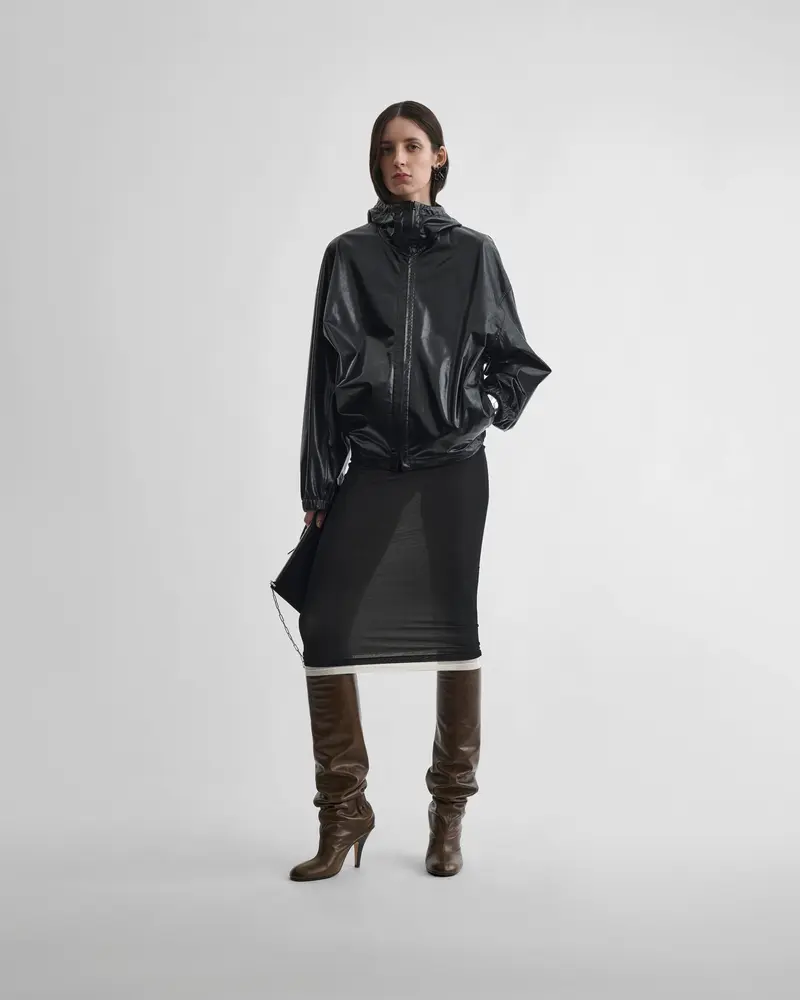 Black Parachute Leather Anorak With Drawcord Hood