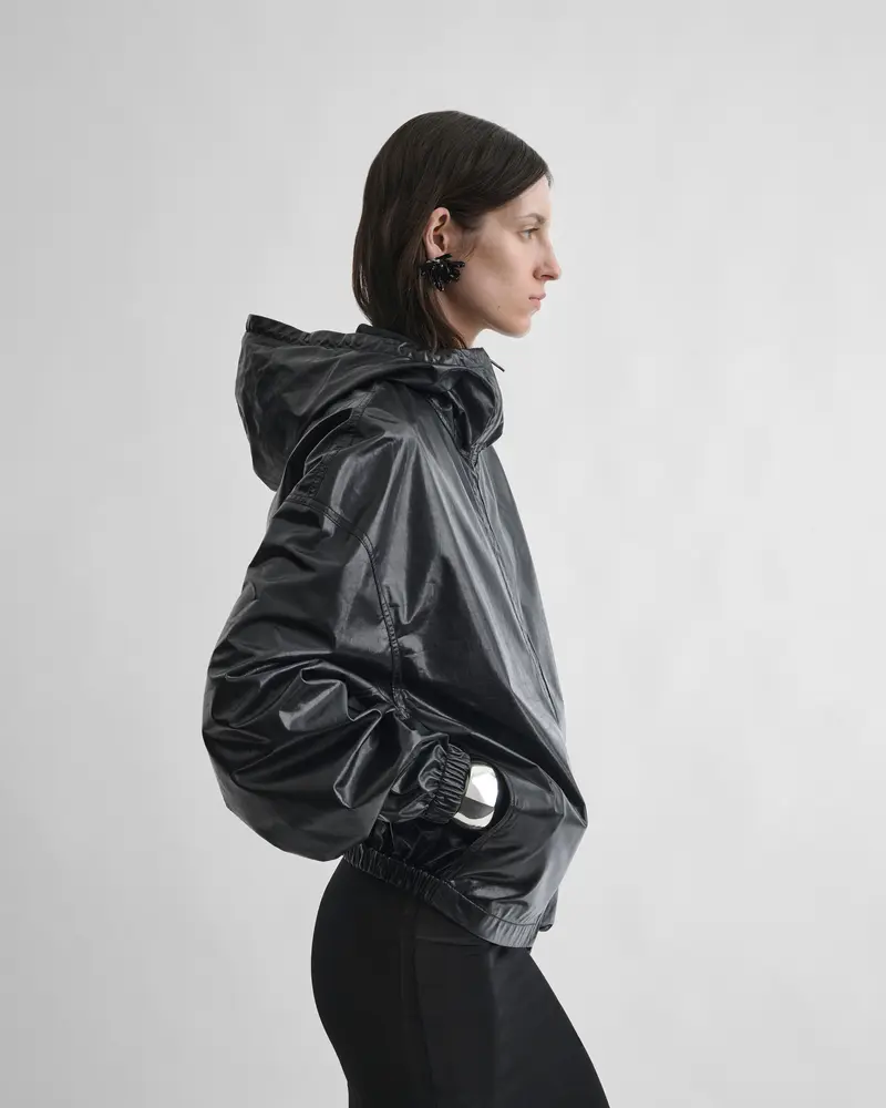 Black Parachute Leather Anorak With Drawcord Hood