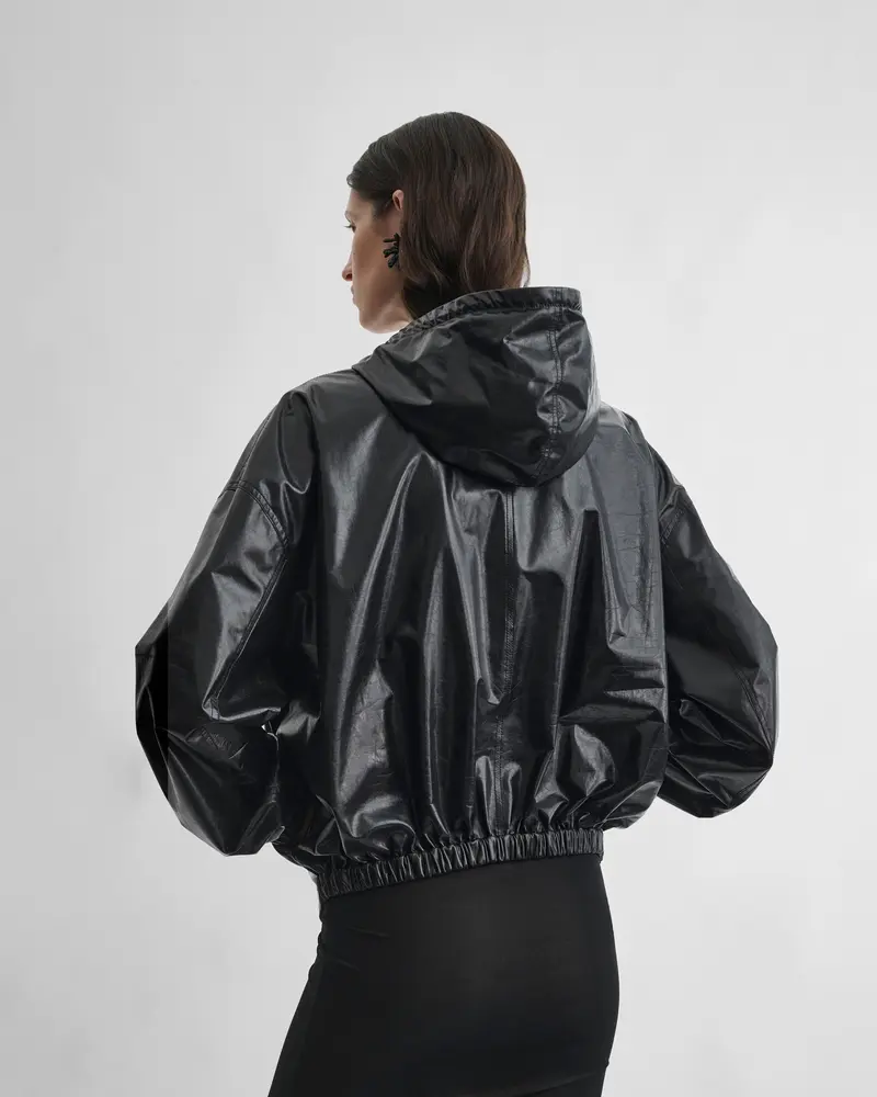 Black Parachute Leather Anorak With Drawcord Hood