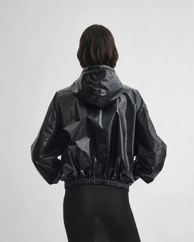 Black Parachute Leather Anorak With Drawcord Hood