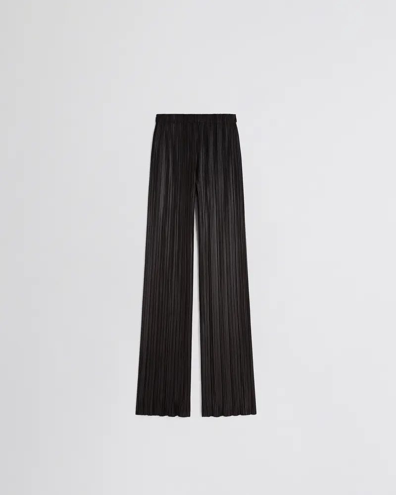 Black Polyester Razor Pleat Flared Trousers With Elastic Waist