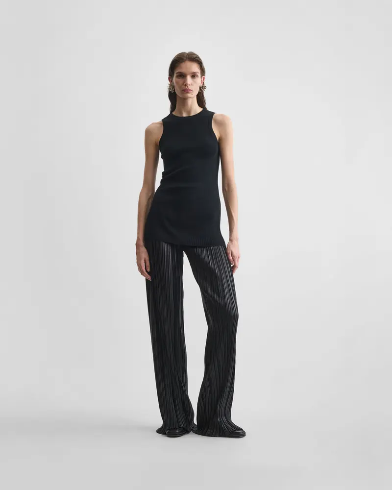 Black Polyester Razor Pleat Flared Trousers With Elastic Waist