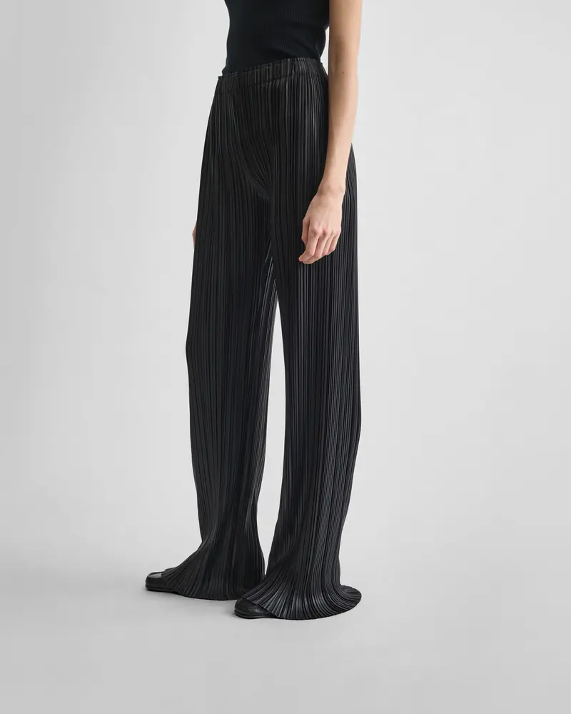 Black Polyester Razor Pleat Flared Trousers With Elastic Waist