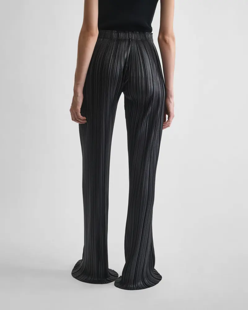 Black Polyester Razor Pleat Flared Trousers With Elastic Waist