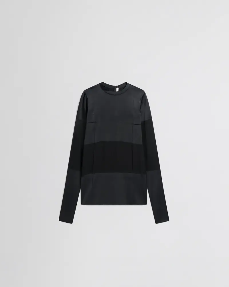 Black Satin Panel Top With Opaque-Transparent Contrast