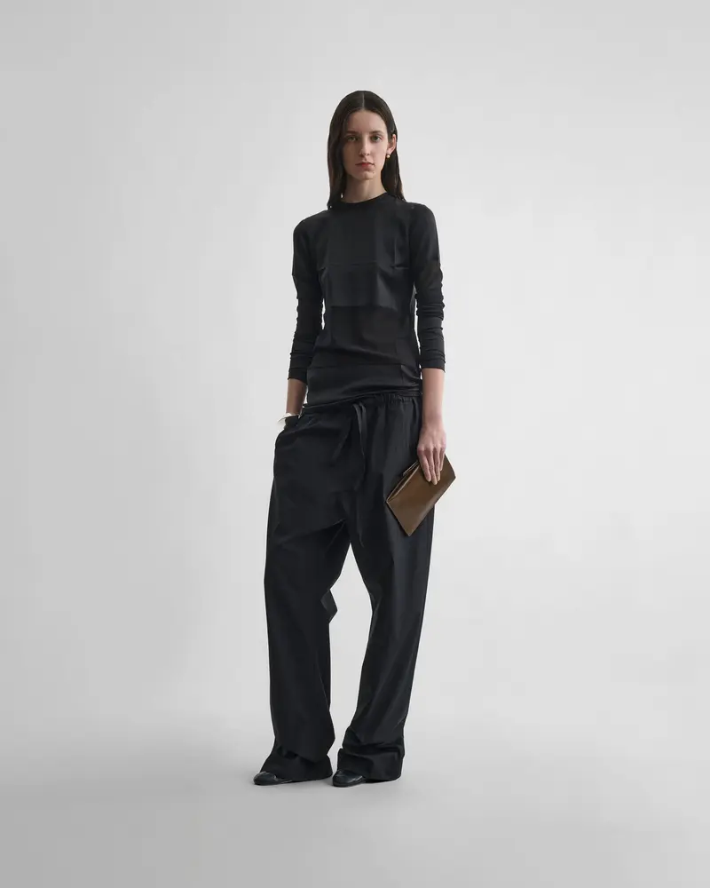 Black Satin Panel Top With Opaque-Transparent Contrast