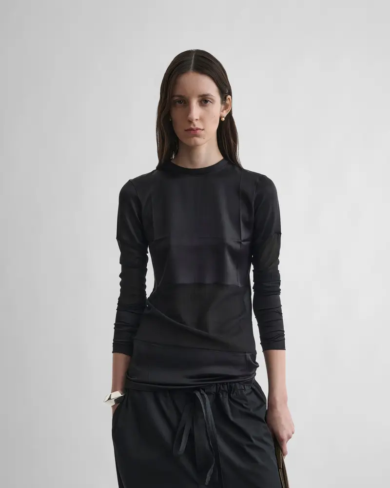 Black Satin Panel Top With Opaque-Transparent Contrast