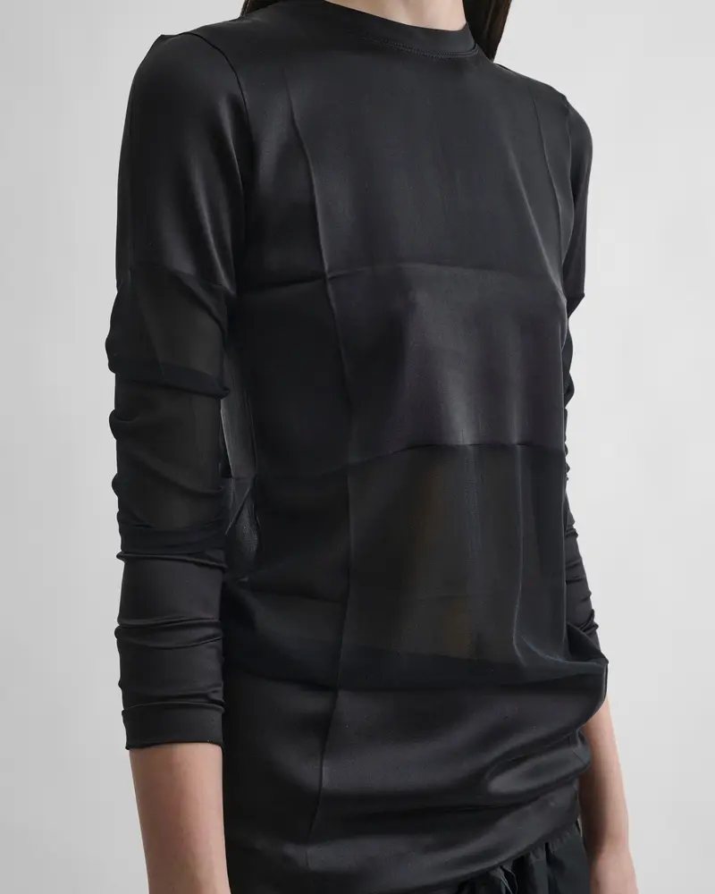 Black Satin Panel Top With Opaque-Transparent Contrast