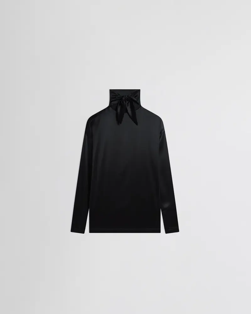 Black Silk Satin Knot Collar Top With Fluid Silhouette 2