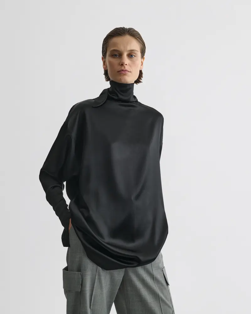 Black Silk Satin Knot Collar Top With Fluid Silhouette