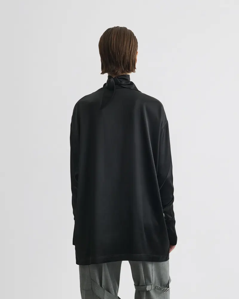 Black Silk Satin Knot Collar Top With Fluid Silhouette
