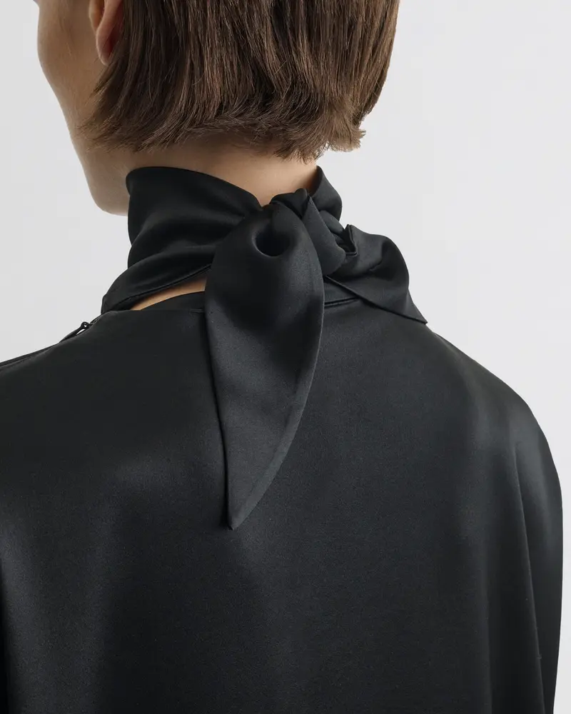 Black Silk Satin Knot Collar Top With Fluid Silhouette