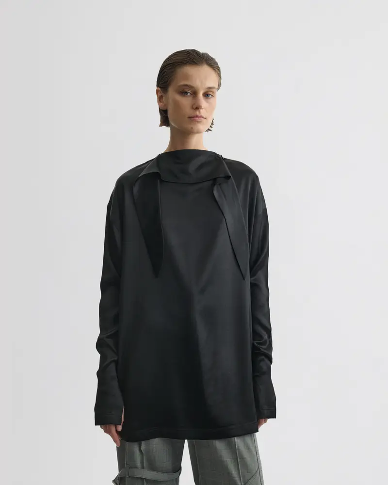 Black Silk Satin Knot Collar Top With Fluid Silhouette