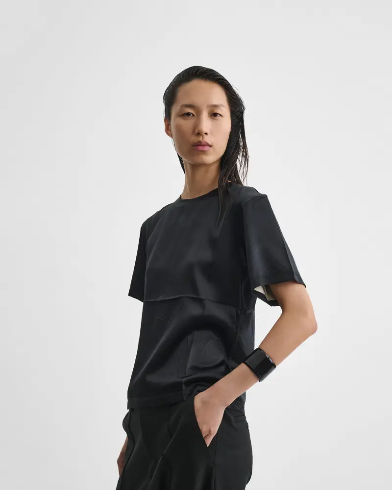 Black Silk Satin T-Shirt With Hidden Back Zip