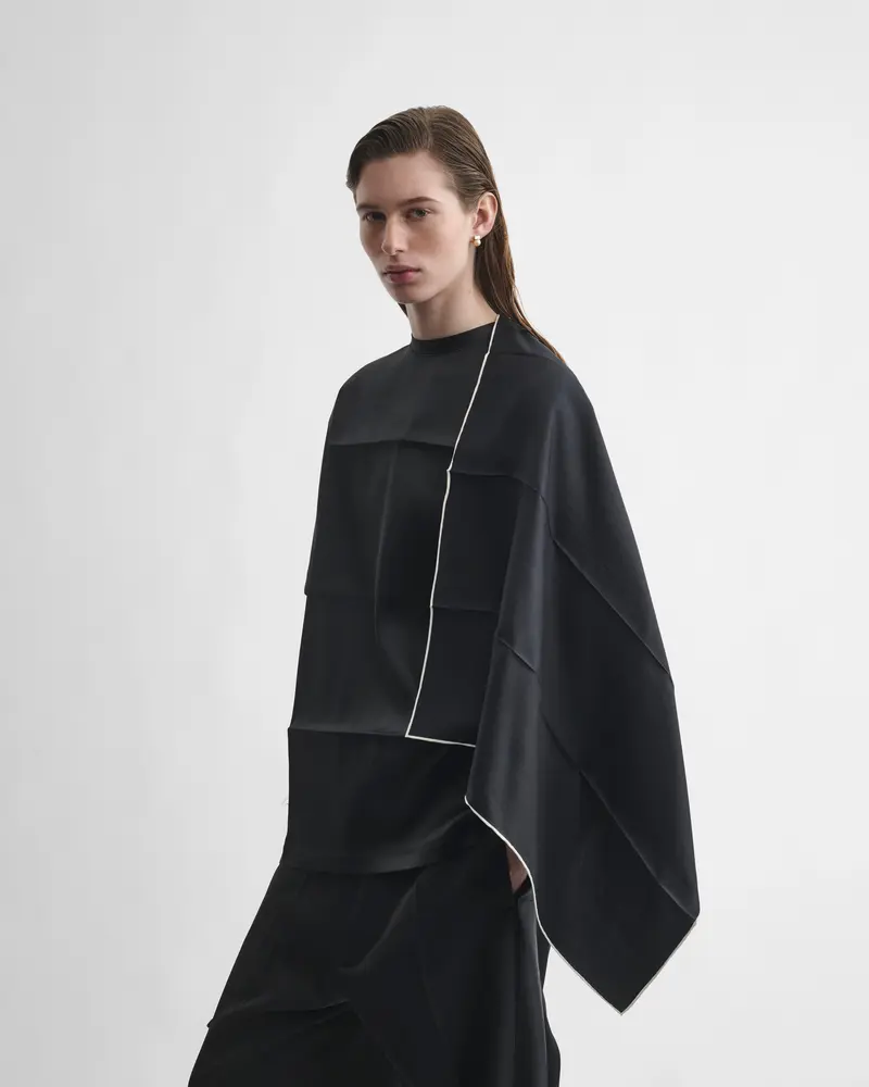 Black Silk Scarf-Top With Detachable Twill Scarf