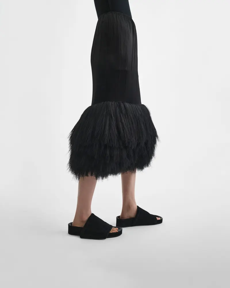 Black Silk Slip Skirt With Pampas Fringe