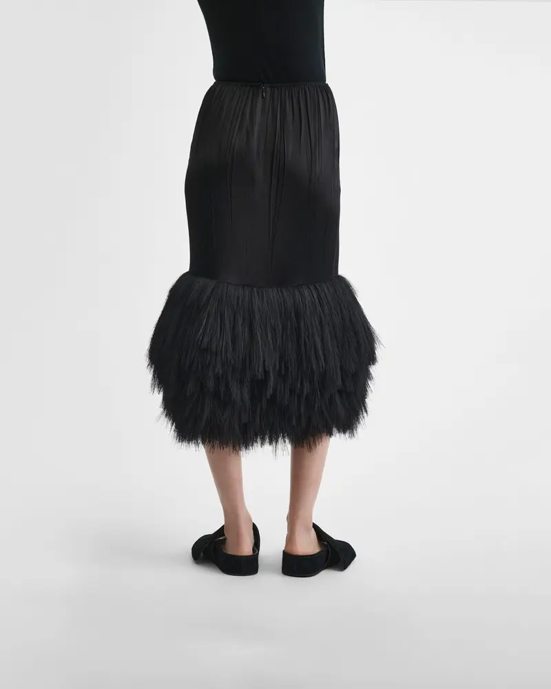 Black Silk Slip Skirt With Pampas Fringe