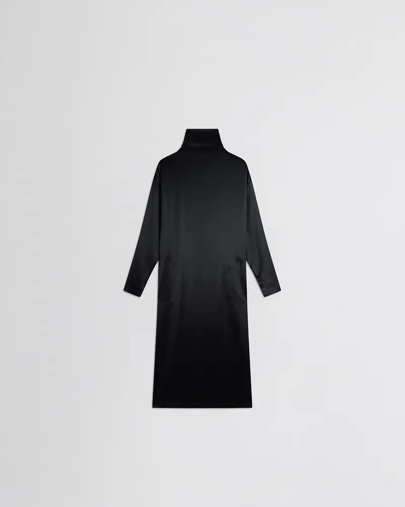 Black Stretch Silk Satin Liquid High-Neck Dress