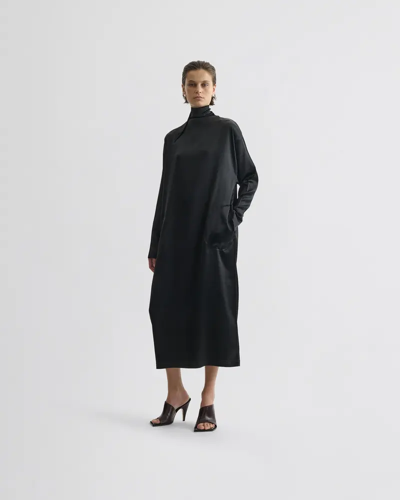 Black Stretch Silk Satin Liquid High-Neck Dress