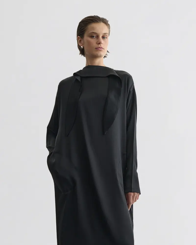 Black Stretch Silk Satin Liquid High-Neck Dress