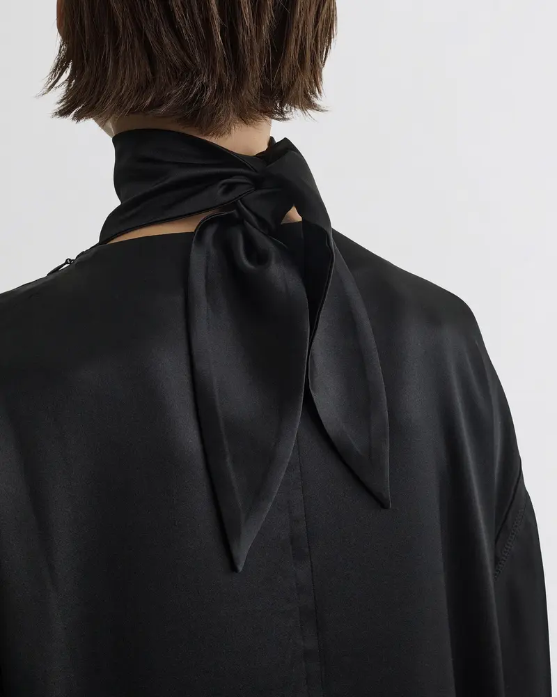 Black Stretch Silk Satin Liquid High-Neck Dress