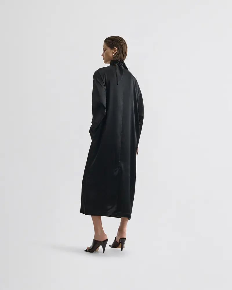 Black Stretch Silk Satin Liquid High-Neck Dress