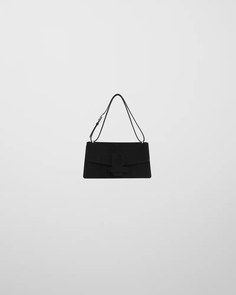Black Suede Bar Bag With Push-Button Clasp