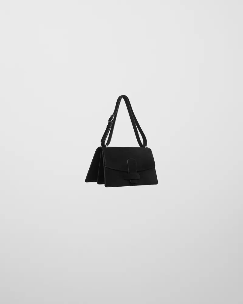 Black Suede Bar Bag With Push-Button Clasp