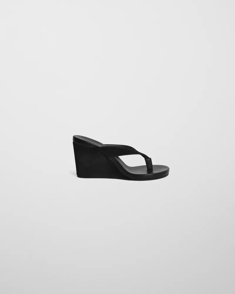 Black Suede Round Wedge Sandal With Slanted Heel