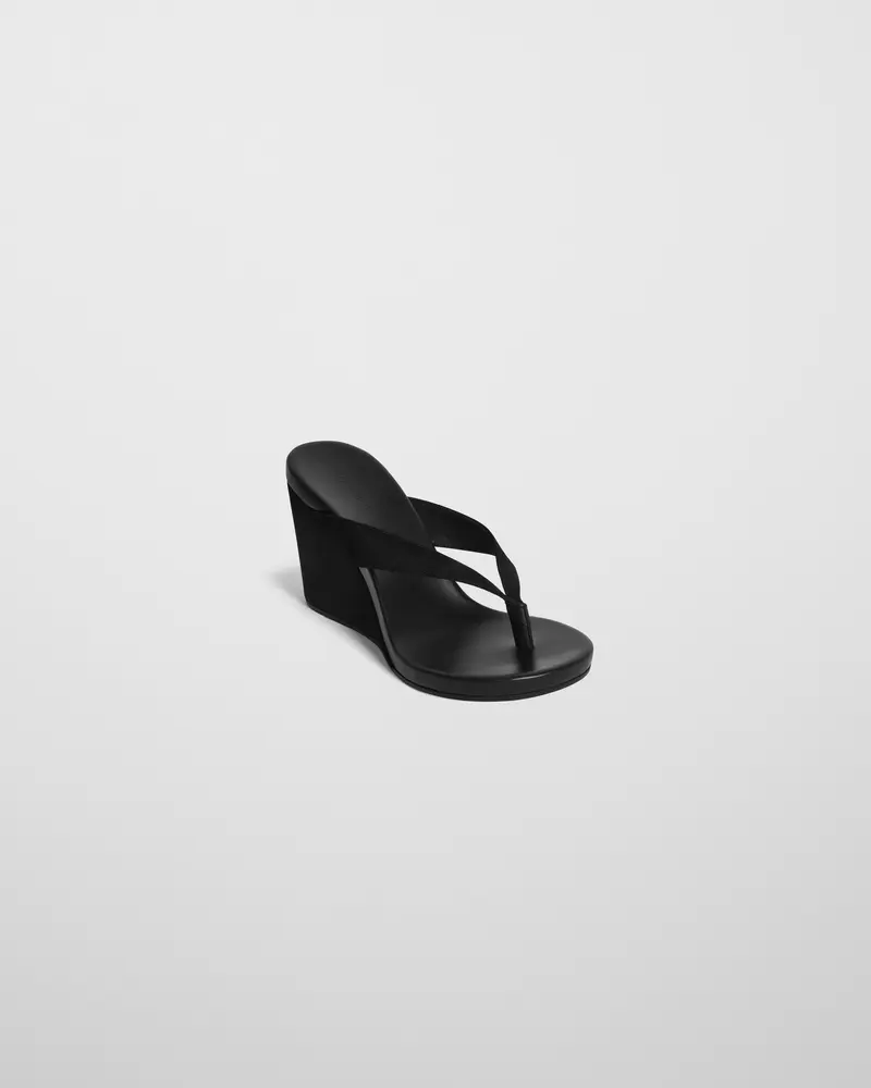 Black Suede Round Wedge Sandal With Slanted Heel