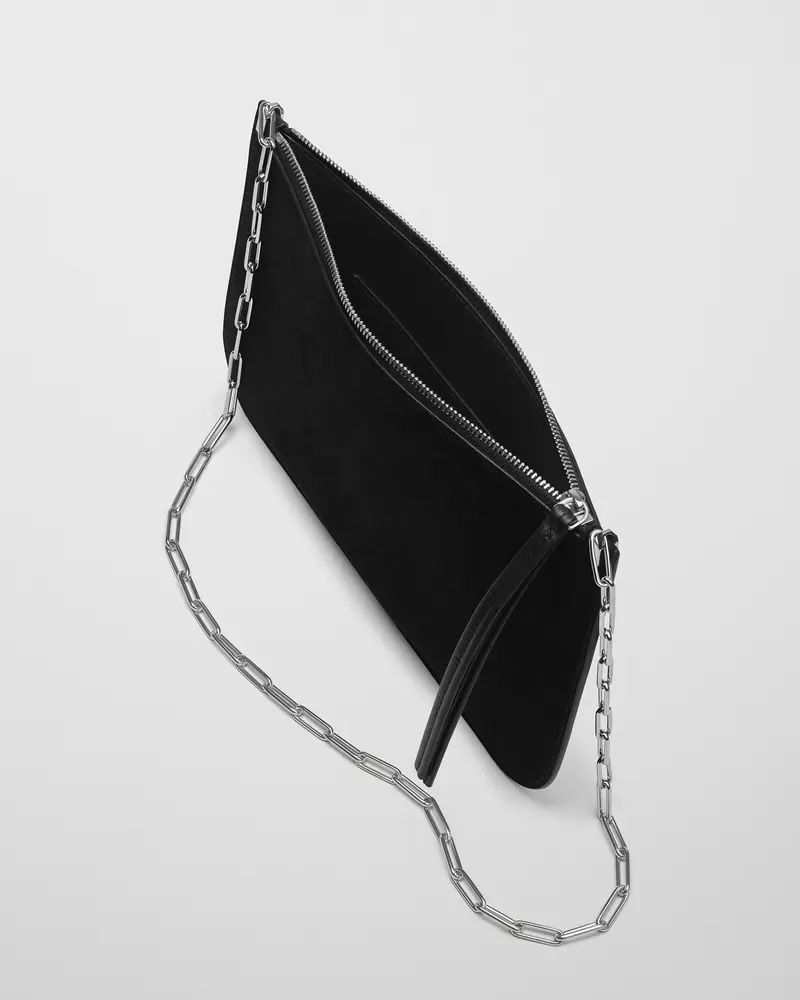 Black Suede Slip Pouch With Chain Strap