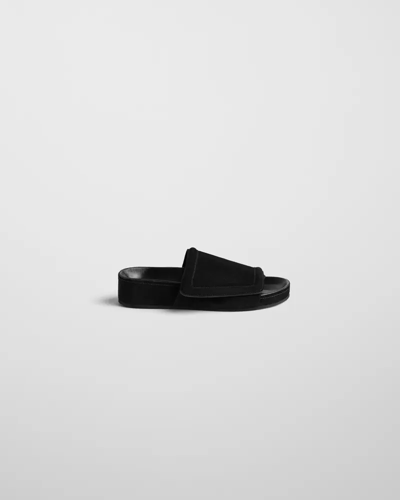 Black Suede Wide-Strap Slide Sandal With Velcro Adjustment