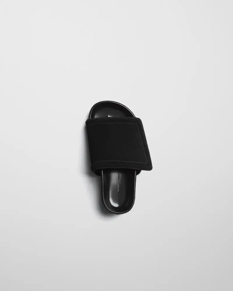 Black Suede Wide-Strap Slide Sandal With Velcro Adjustment