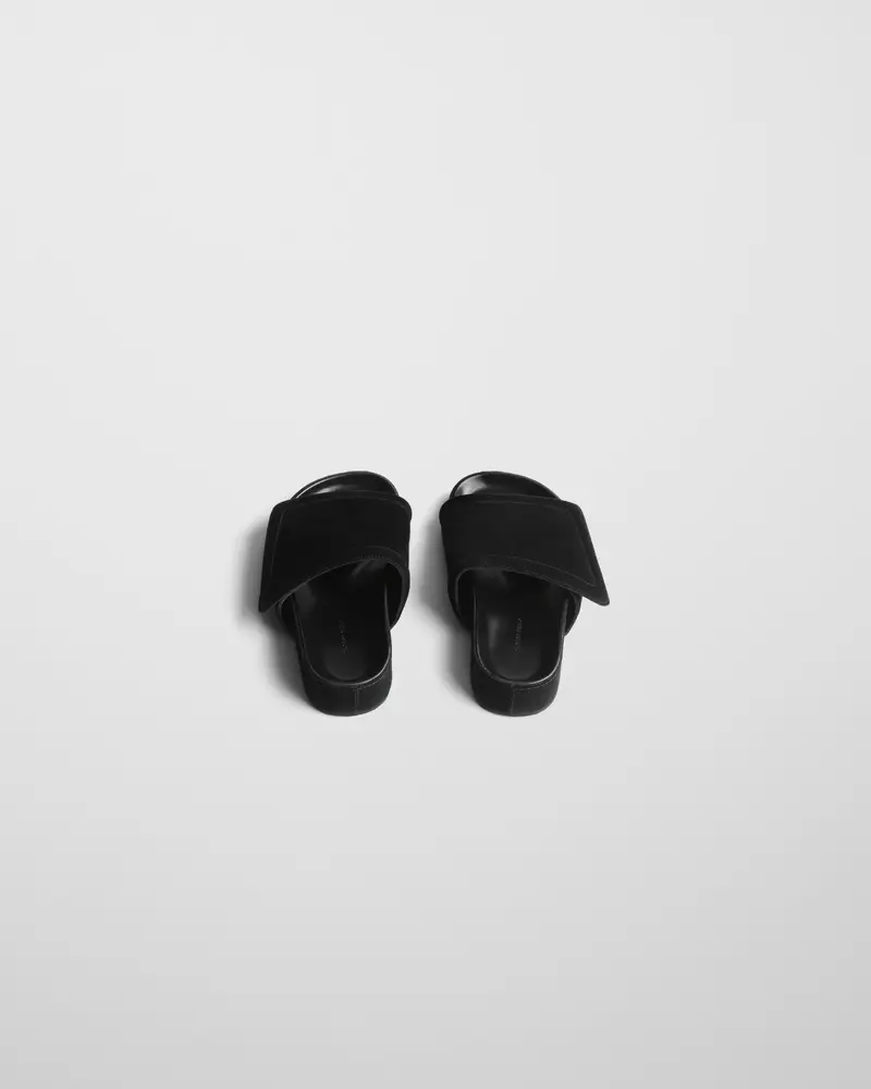 Black Suede Wide-Strap Slide Sandal With Velcro Adjustment