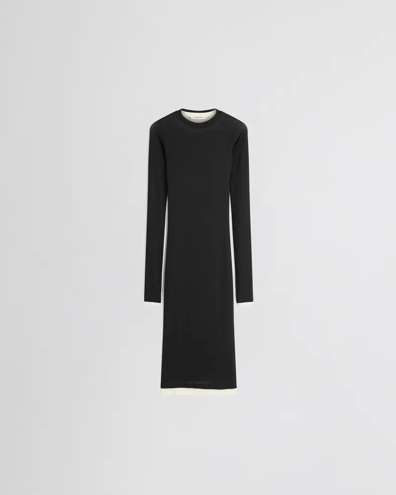 Black Viscose Hug Dress With Cream Silk Layering