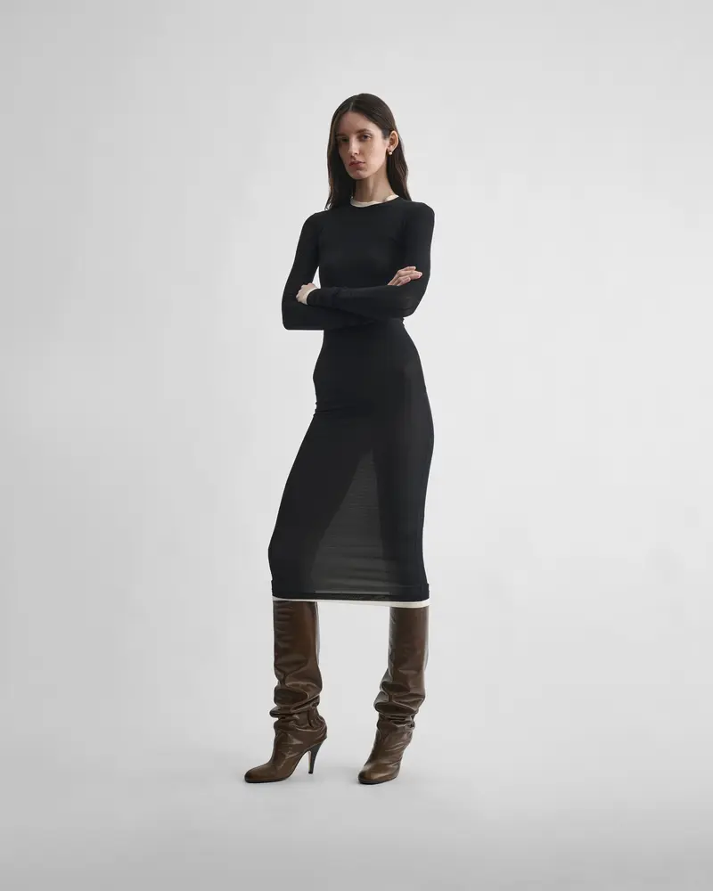 Black Viscose Hug Dress With Cream Silk Layering