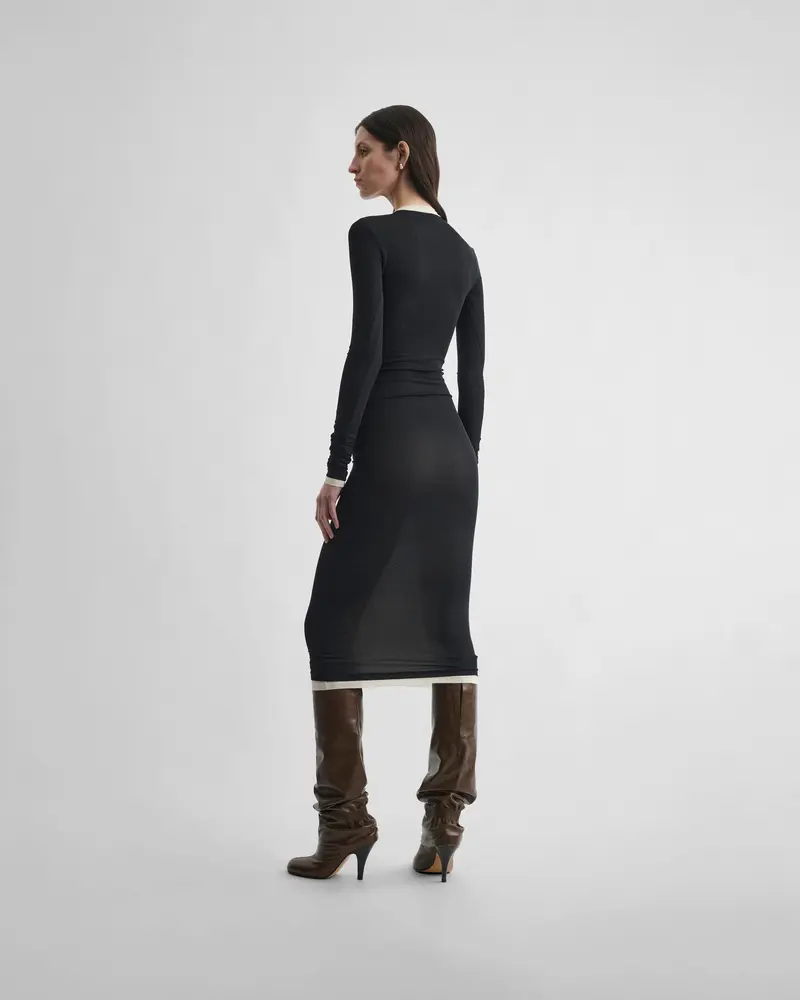 Black Viscose Hug Dress With Cream Silk Layering