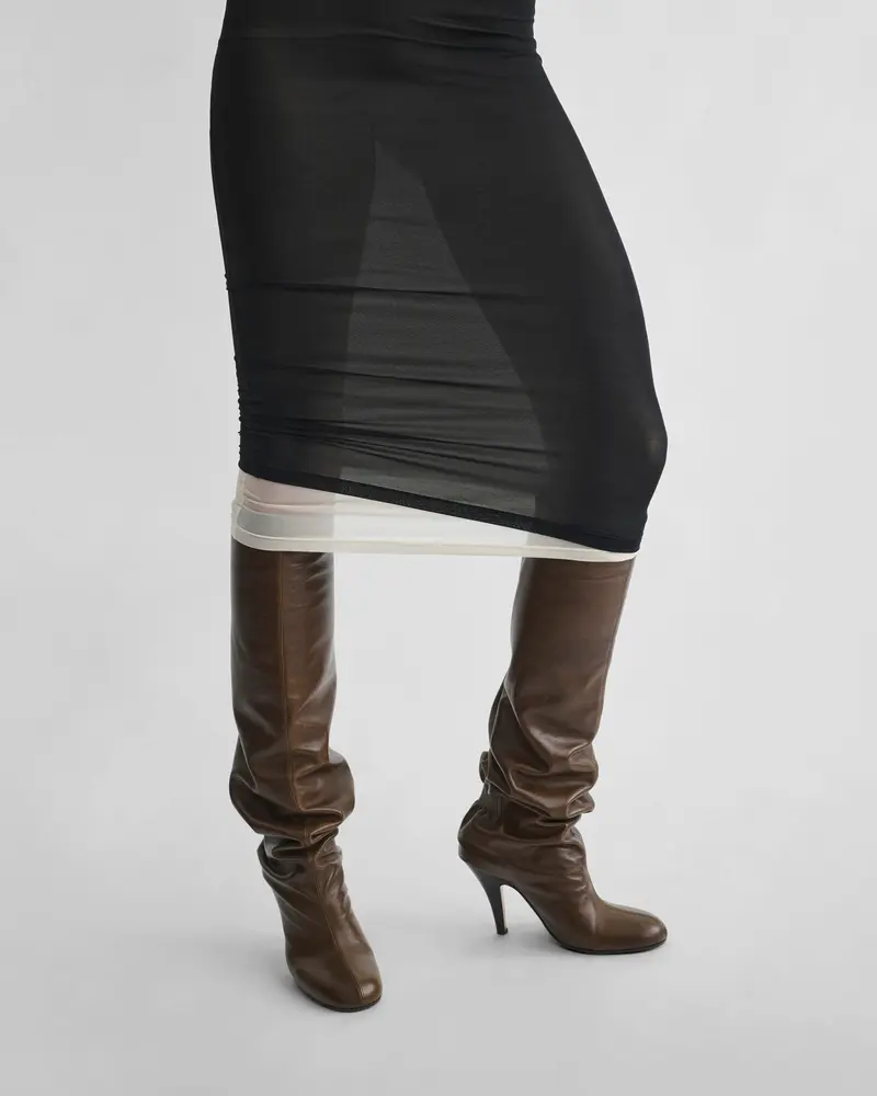 Black Viscose Hug Dress With Cream Silk Layering