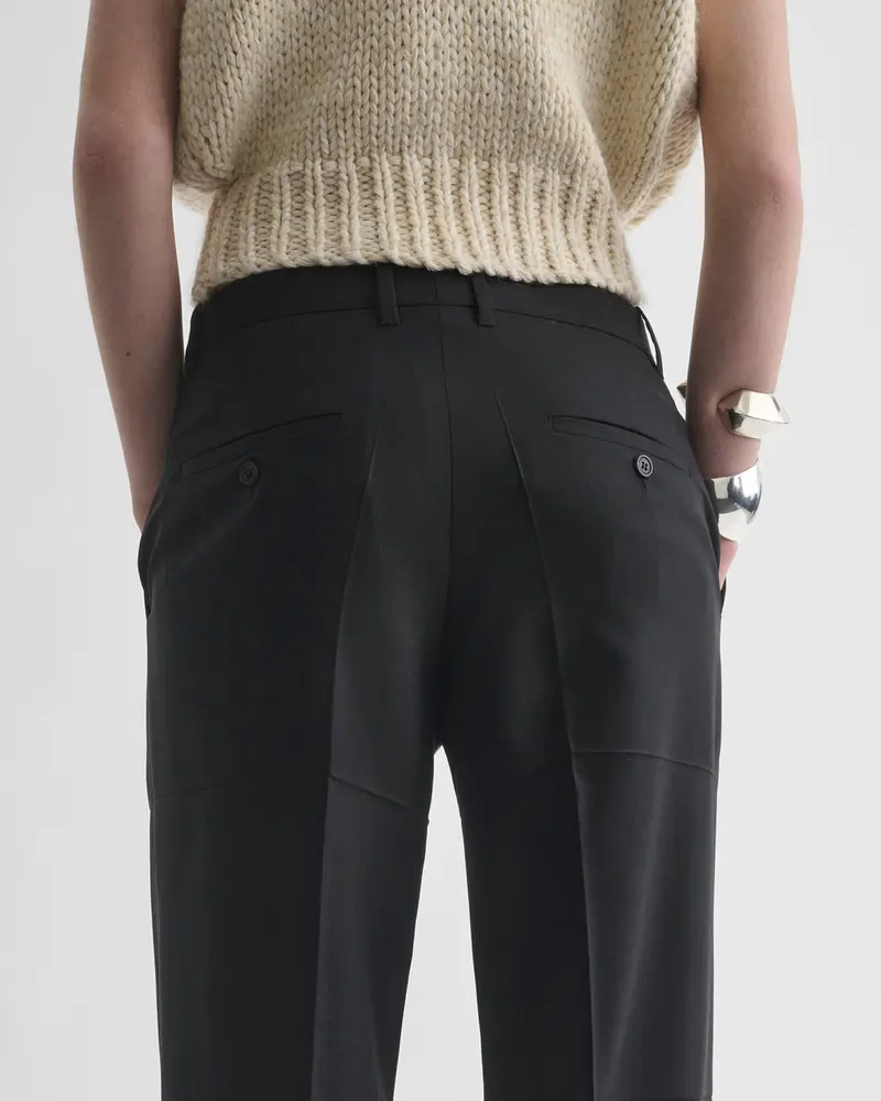 Black Wool Boyish Tuxedo Trousers With Satin Accent