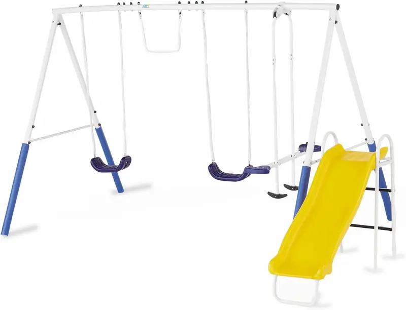Blue Ridge A-Frame Backyard Playset – Complete Swing Structure with Glider, Trapeze, Two Seats, and Full-Size Slide